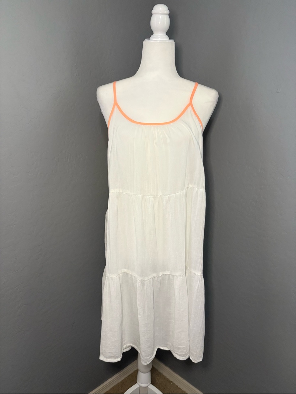 Aerie White Cover Up Tiered Orange Trim Pink and White Pom‎ Poms  Size L
